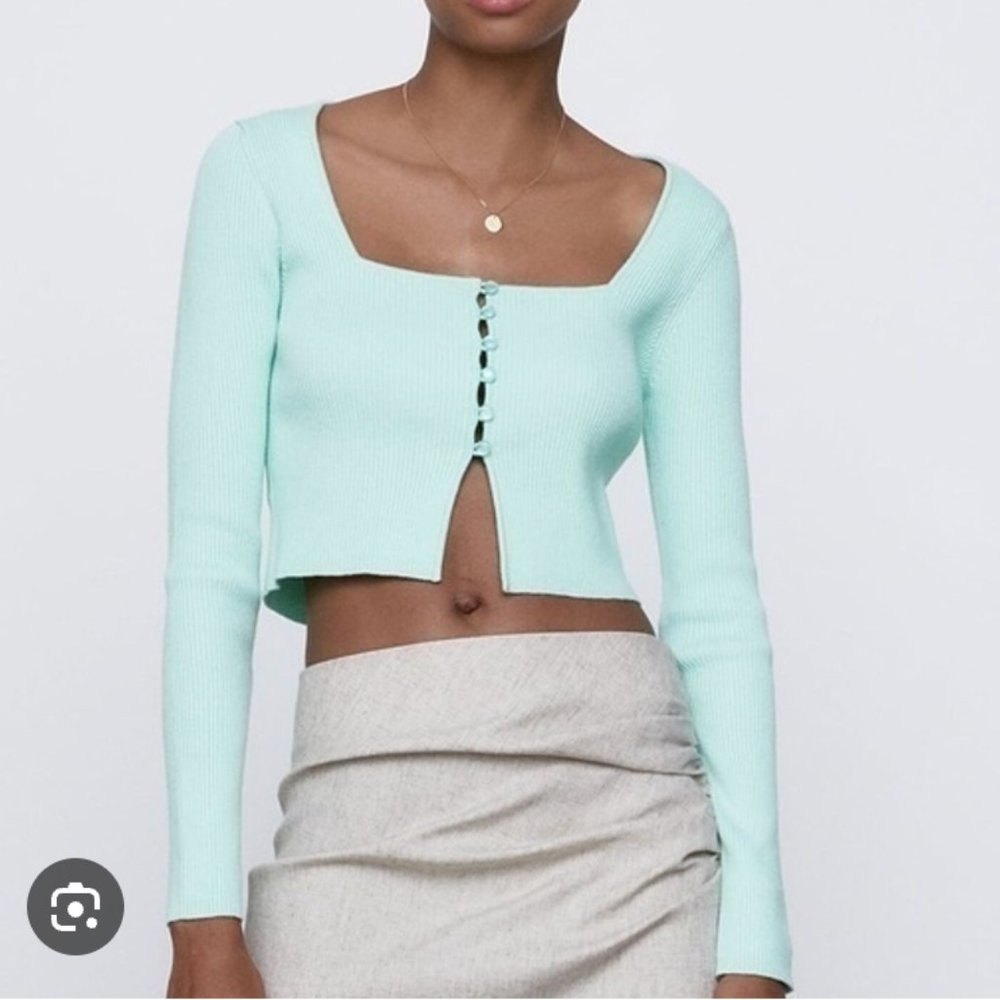ZARA Knit Cropped Sweater Jacket Green/Blue | Size S